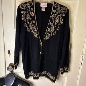 Elegant Jaclyn Smith Cardigan Black Knitted and Gold Embroidered Women's Sweater